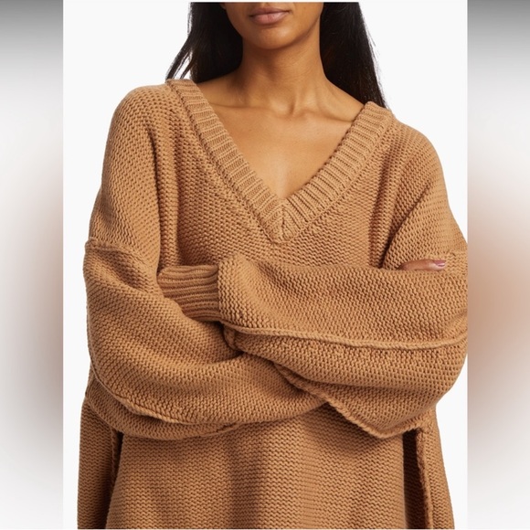 Free People Oversized Slub Alli V Neck Sweater Camel Medium Slouchy - Picture 5 of 9